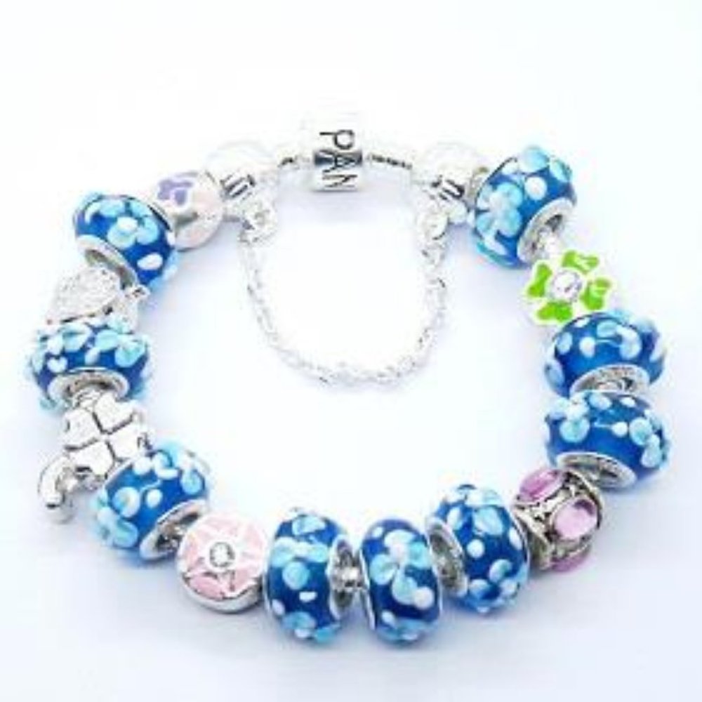 Blue Pink Pokadots Flower Clover Pandora Like Charm Bracelet